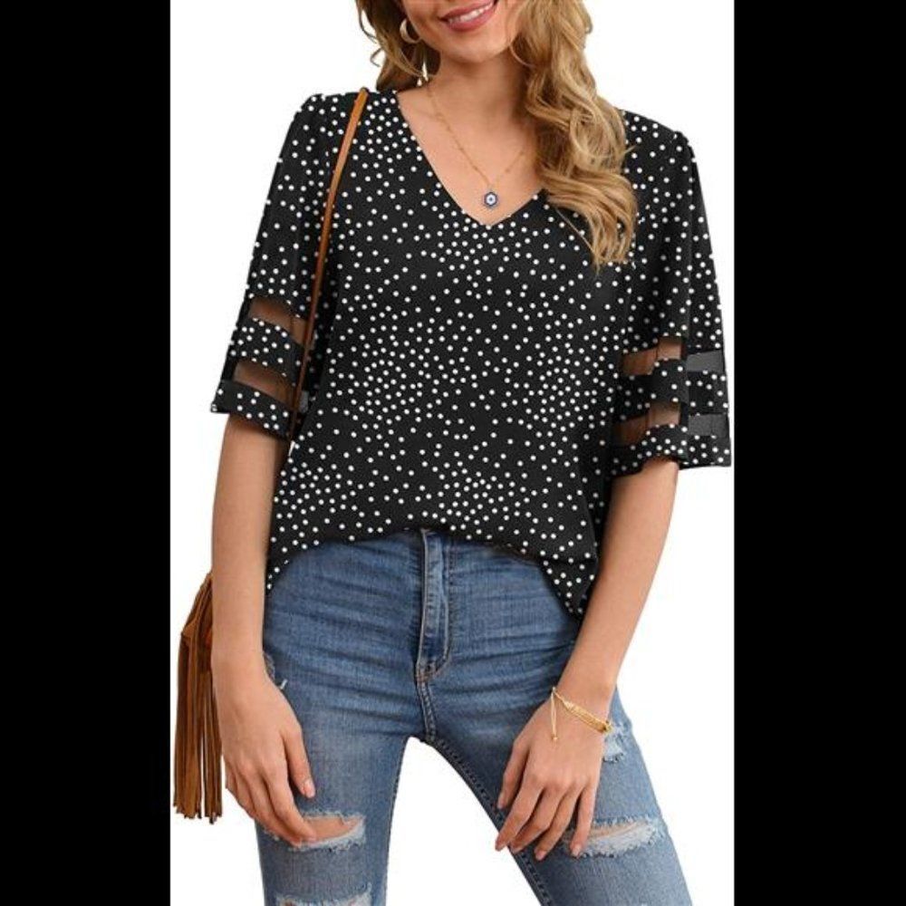 V Neck Chiffon Blouse Mesh Panel Blouse 3/4 Bell Sleeve blouse